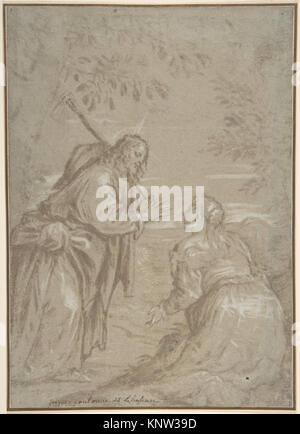 Cette peinture représente le Christ apparaissant à Sainte Marie-Madeleine après la Résurrection, illustrant le moment biblique connu sous le nom de Noli me Tangere avec des figures et des éléments de paysage. Banque D'Images