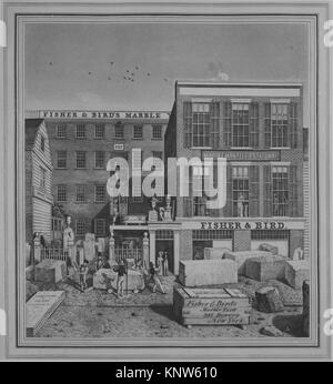 Gravure intitulée 'Fisher & Bird's Marble Yard, 287 Bowery, New York', créée par l'artiste américain John Baker, actif vers 1830-1840. L'œuvre représente la cour de marbre située au 287 Bowery à New York vers 1836. Les dimensions de l'image sont 9 7/8 x 8 7/8 pouces (25,1 x 22,5 cm), avec la feuille mesurant 12 13/16 x 9 1/16 pouces (32,6 x 23 cm). Cette pièce fait partie de la collection Edward W. C. Arnold d'estampes, de cartes et d'images de New York au Metropolitan Museum of Art de New York. Banque D'Images