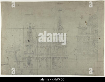 Illustration d'une mise en scène pour l'Opéra de Paris, montrant des structures architecturales, des plates-formes scéniques et des éléments scéniques pour la représentation théâtrale. Banque D'Images