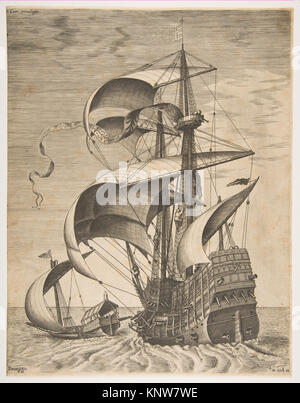 Une gravure intitulée 'Armed Three-Master on the Open Sea accompagné d'une galère', de la série 'Sailing Vessel', créée entre 1561 et 1565. L'estampe, d'après Pieter Bruegel l'ancien et gravée par Frans Huys, représente un navire à trois mâts avec une galère en pleine mer, mettant en valeur les thèmes maritimes du XVIe siècle. Banque D'Images