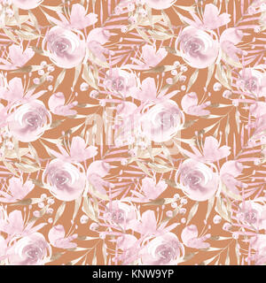 Les roses et les pivoines rose pâle avec des feuilles gris sur fond ocre. Modèle sans couture. Jardin Romantique fleurs illustration. Couleurs fanées. Banque D'Images