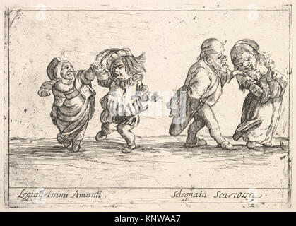 Callot figures ; une vieille femme naine danse avec un jeune nain l'homme à gauche, un vieil homme nain de toucher l'épaule d'un jeune, souriant femme naine, de 'Six' grotesques (Six piC3A8Côtes de figures grotesques) rencontré 397684 DP832622 Banque D'Images