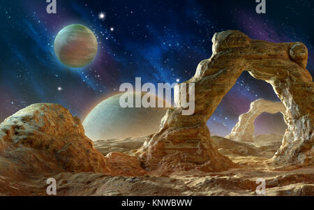 Spacescape avec rock arches. 3D illustration. Banque D'Images