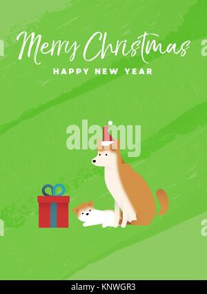 Joyeux Noël et Bonne Année carte de voeux illustration. Shiba Inu chien et chiot sur fond texture colorée. Vecteur EPS10. Illustration de Vecteur