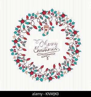 Joyeux Noël carte de voeux à la main avec la conception de forme couronne vacances ornement décoration d'icônes. Vecteur EPS10. Illustration de Vecteur