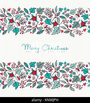 Joyeux Noël et bonne année carte de voeux design avec hand drawn seamless pattern. La nature d'hiver comprend, le gui, le houx Feuilles et fleurs. Illustration de Vecteur