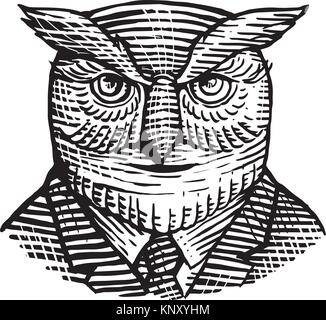 Retro style gravure sur bois illustration d'un grand-duc d'hipster Wise Owl portant costume et cravate, vu de l'avant sur fond isolé en noir et blanc. Illustration de Vecteur