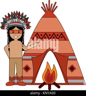Native American Indian man avec tipi et feu Illustration de Vecteur
