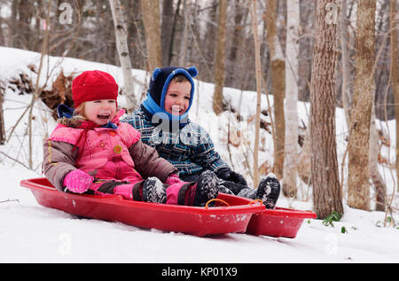 Frère et soeurs (5 et 3 ans) de la luge au Québec en hiver Banque D'Images