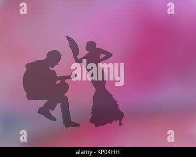 Silhouettes de femme danseuse de flamenco et guitariste sur rose rose résumé fond illustration. Banque D'Images