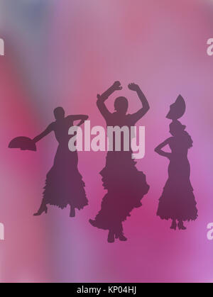 Silhouettes de trois des danseuses sur fond abstrait rose rose illustration. Banque D'Images