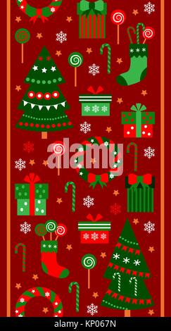 Joyeux Noël et Bonne Année frontière verticale ruban. Cadeaux, boîtes, arbre, des chaussettes et des bonbons dans un style plat. Modèle transparent avec des objets vectoriels Illustration de Vecteur