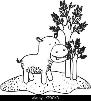 Caricature d'hippopotame à côté de la silhouette des arbres dans les sections noir Illustration de Vecteur