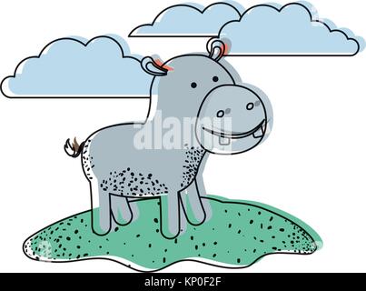 Caricature d'hippopotame dans une scène avec des nuages à l'aquarelle d'ossature Illustration de Vecteur