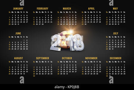 Année 2018 Calendrier d'or sur fond noir, à partir de dimanche Banque D'Images