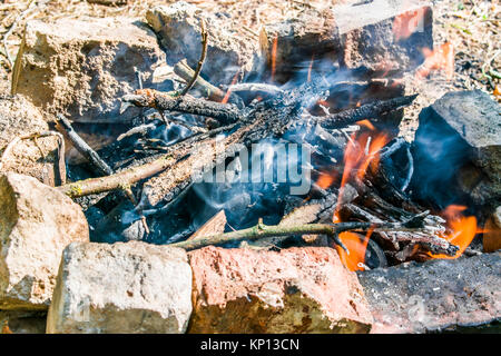 Bonfire, divorcé dans la forêt. Chaude journée d'été. Banque D'Images