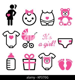 Vecteur de douche de fille de bébé icons set, femmes enceintes avec womant fille bébé, design Illustration de Vecteur