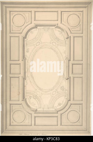 Ce dessin du XIXe siècle de Jules-Edmond-Charles Lachaise et Eugène-Pierre Gourdet représente un plafond en trompe-l'oeil pour la salle à manger du Hôtel de Trévise. Exécuté à la plume et à l’encre noire avec pinceau et lavages bruns et gris, le design met en valeur des éléments architecturaux destinés à créer l’illusion de profondeur et d’ornementation. Banque D'Images