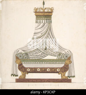 Cette conception représente un lit à baldaquin, illustrant la structure, les caractéristiques décoratives et le placement intérieur prévu dans la conception de meubles. Banque D'Images