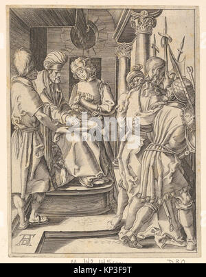 Cette image présente des copies gravées de 'la petite passion', une série d'estampes de dévotion représentant des scènes de la passion du Christ. Les gravures sont caractérisées par un travail au trait détaillé et des compositions expressives, reflétant les thèmes religieux et les techniques artistiques de l'époque. Banque D'Images