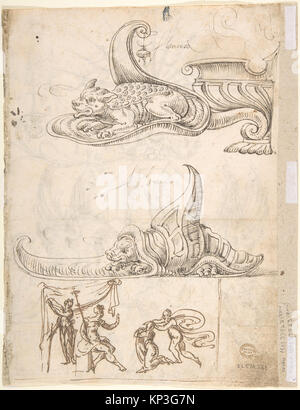 Conception grotesque avec un panneau octogonal au centre et deux plaques de potable Griffins tenu par une créature hybride (recto) ; deux tortues au-dessus d'une scène avec quatre chiffres (verso) rencontré 337501 DP800325 Banque D'Images