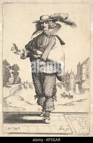 Cette illustration de la collection MET, cataloguée DP829191 397277, montre un gentleman debout devant un château, portant un chapeau à plumes et un collier en dentelle, avec une tombe gravée avec une tête de femme à droite. L'œuvre met l'accent sur l'architecture, la tenue vestimentaire et les détails funéraires. Banque D'Images