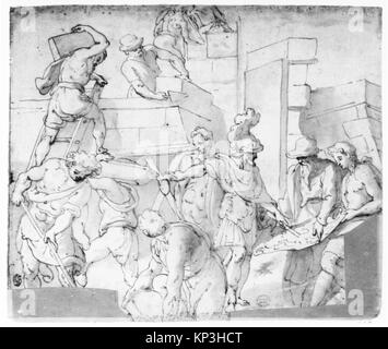 Ce dessin montre un bâtiment mettant l'accent sur les éléments structurels et architecturaux, illustrant les techniques de construction historiques et les caractéristiques de conception. Banque D'Images