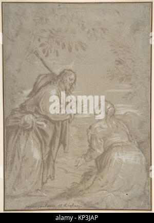 Cette peinture représente le Christ apparaissant à Sainte Marie-Madeleine après la Résurrection, illustrant le moment biblique connu sous le nom de Noli me Tangere avec des figures et des éléments de paysage. Banque D'Images