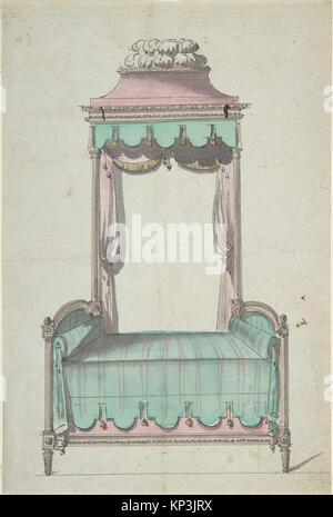 Représentation d'un lit historique avec baldaquin, mettant l'accent sur ses caractéristiques structurelles et décoratives de conception, à partir d'un livre illustré. Banque D'Images