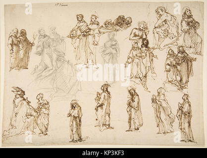 Illustration montrant des clercs debout et agenouillés, Adam et Ève, et un squelette incliné, représentant des figures religieuses et humaines dans une étude historique. Banque D'Images