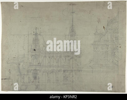 Représentation d'un décor de scène de l'Opéra de Paris, montrant des éléments architecturaux détaillés, des plates-formes et des décors théâtraux pour la représentation. Banque D'Images