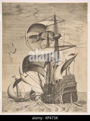Une gravure intitulée 'Armed Three-Master on the Open Sea accompagné d'une galère', de la série 'Sailing Vessel', créée entre 1561 et 1565. L'estampe, d'après Pieter Bruegel l'ancien et gravée par Frans Huys, représente un navire à trois mâts avec une galère en pleine mer, mettant en valeur les thèmes maritimes du XVIe siècle. Banque D'Images