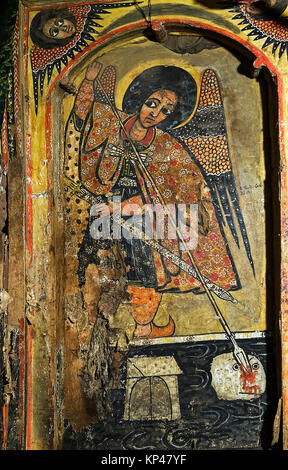 Sauvetage d'une église à Alexandrie par archange Raphael, fresque dans l'intérieur de l'église de roche Maryam Papaseyti, Gheralta, Tigray, Éthiopie Banque D'Images