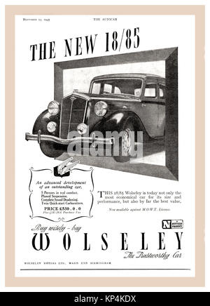 Vintage 30's /40's Autocar page de publicité pour Wolseley 18/85 (1938 à 1948) l'automobile Wolseley 18/85 est une automobile qui a été produite par Wolseley dans le Royaume-Uni de 1938 à 1948. Banque D'Images