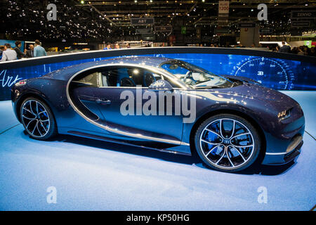 Genève, SUISSE - Le 7 mars 2017 : nouvelle voiture de sport Bugatti Chiron présenté à la 87e Salon International de l'Automobile de Genève. Banque D'Images
