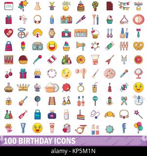 100 anniversaire icons set, cartoon style Illustration de Vecteur