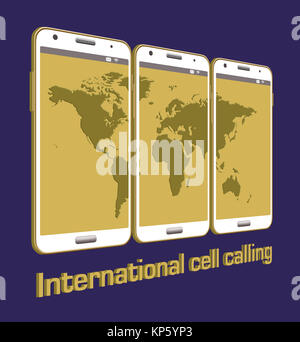C'est une illustration d'aller avec une histoire sur l'utilisation de votre téléphone cellulaire pour les appels internationaux. Comprend quatre téléphones cellulaires et une carte du monde jeu Banque D'Images