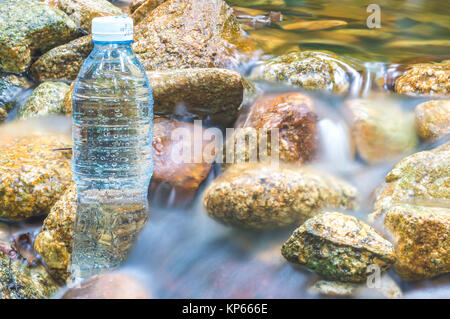 Bouteille d'eau minérale à l'eau en forêt bois Banque D'Images