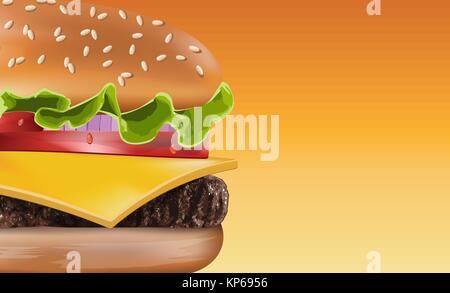 Classic Burger Hamburger réaliste vecteur American Cheeseburger avec oignons Tomate Salade de boeuf au fromage et sauce Close up isolé sur fond blanc. Illustration de Vecteur