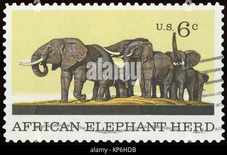 États-unis D'AMÉRIQUE - circa 1969 : timbre imprimé aux États-Unis présente le troupeau d'éléphants d'Afrique, question d'Histoire Naturelle, vers 1969 Banque D'Images