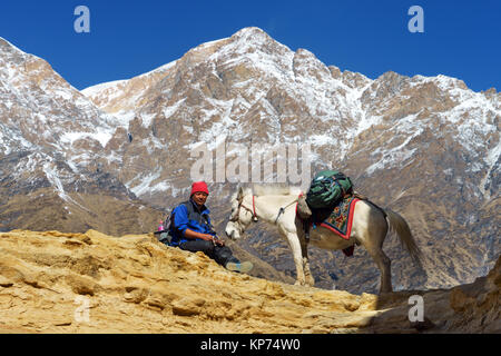 L'homme népalais et son cheval en faisant une pause sur le haut Mustang trek. Banque D'Images