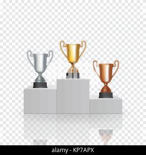 Piédestal avec la coupe, vainqueur de la première (l'or), la deuxième (argent) et la troisième (Bronze) place sur fond transparent. Vector Illustration. Illustration de Vecteur