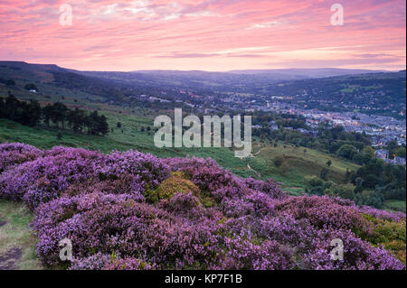 Ciel coucher de soleil rose profond et haute vue de la pittoresque ville de Ilkley Moor niché dans la vallée (purple heather) - Ilkley, Wharfedale, Yorkshire, FR, UK Banque D'Images