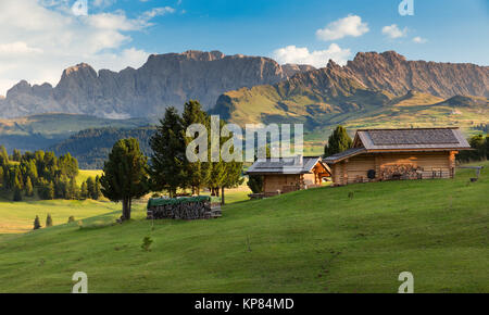 Chalets à l'Alpe di Siusi, le Tyrol du Sud, Italie Banque D'Images