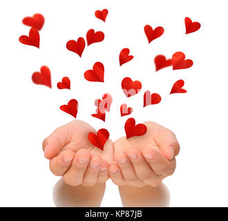 Voler les coeurs des creux des mains de la jeune femme, Valentine's Day, Happy Valentines Day, love concept, carte d'anniversaire, de la santé concept d'assurance, isolé Banque D'Images