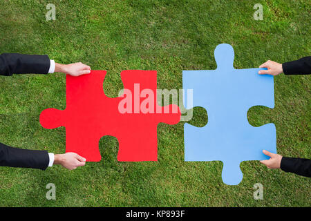 Les hommes d'adhérer à des pièces de plus de Jigsaw Grassy Field Banque D'Images