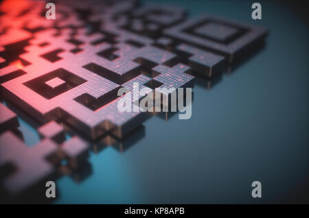 Code de réponse rapide (QR Code) en 3D dimension qui reflète la lumière rouge reader. Banque D'Images