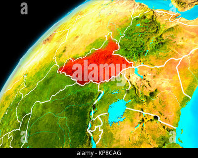 Voir l'orbite du Soudan du Sud en rouge avec bordures visibles sur la planète Terre. 3D illustration. Éléments de cette image fournie par la NASA. Banque D'Images