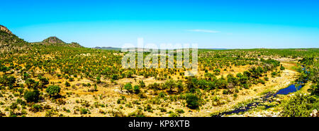 Panorama d'une vue aérienne de la zone entourant le Ge-Selati où elle rejoint la rivière Olifants River dans le parc Kruger, un grand jeu dans la réserve Banque D'Images