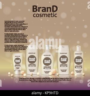 3D réaliste bouteille cosmétique modèle ads. Publicité de la marque de cosmétiques concept design sur fond lumineux avec des perles et paillettes. Illustration de Vecteur